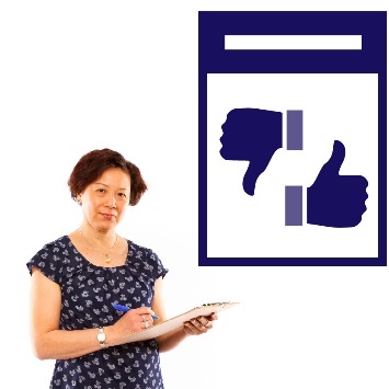 A woman writing in a clipboard, and a form showing a thumbs up and a thumbs down.