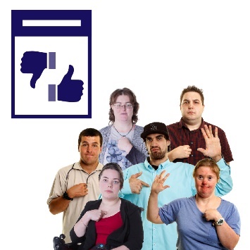 A group of people with disability pointing to themselves with their other hand raised, and an evaluation form.