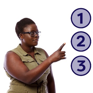 A woman pointing to the numbers 1, 2 and 3.