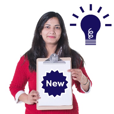 A woman holding a clipboard showing a badge labelled 'new' and a light bulb.