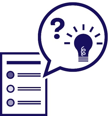 A document with dot points, a speech bubble with a question mark and a light bulb.