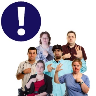A group of people with disability pointing to themselves with their other hand raised, and an information icon.