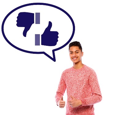 A man with a speech bubble showing a thumbs up and thumbs down.