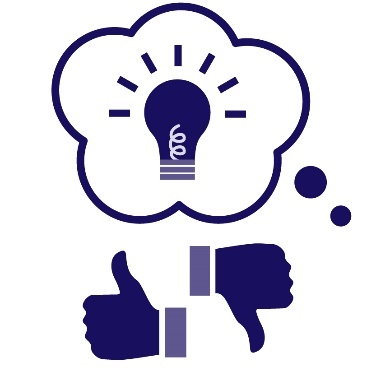 A thumbs up and a thumbs down with a thought bubble showing a light bulb.