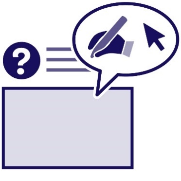 A question with an answer box, and a speech bubble showing a hand writing and a computer mouse pointer. 