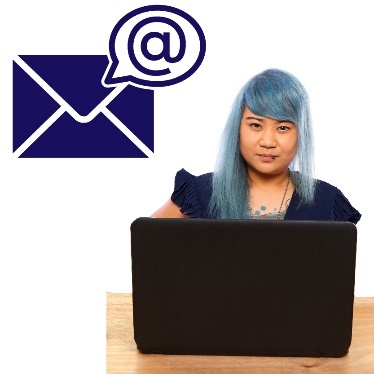 A woman using a computer, and an email icon.