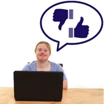 A smiling woman using a computer, and a speech bubble showing a thumbs up and a thumbs down.