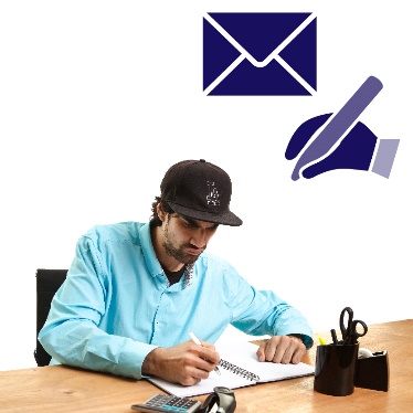 A man writing on paper with a mail icon and a hand writing icon.