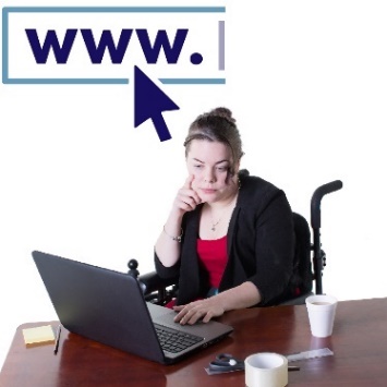 A woman using a computer and a website icon showing 'www.'