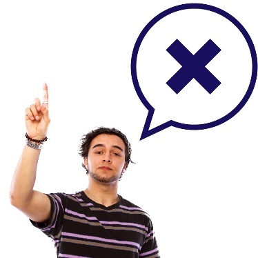 A man with his hand raised, and a speech bubble showing a cross.