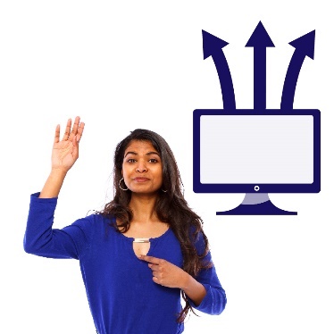 A woman pointing to herself with her other hand raised, and a computer screen with 3 arrows pointing outward.