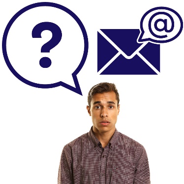 A man looking unsure with a speech bubble showing a question mark, and an email icon.