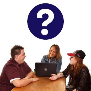 A woman with a computer talking to 2 people around a table, and a question mark.