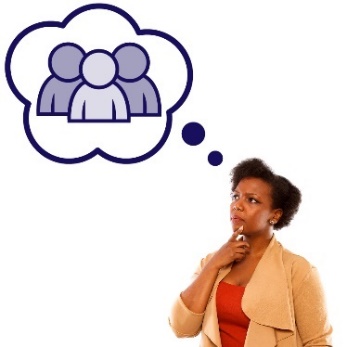 A woman thinking, with a thought bubble showing 3 poeple.