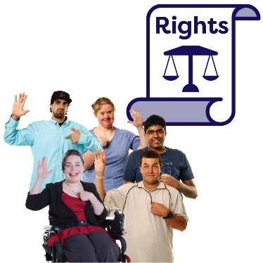 A group of people with disability smiling and pointing to themselves with their other arm raised, and a rights document.