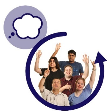 A group of people with disability with their hands raised inside a curved arrow, and a thought bubble.