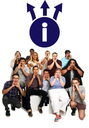 A large group of people with disability shouting, and an information icon with 3 arrows leading outward.