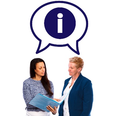 2 people sharing a document and a speech bubble showing an information icon.