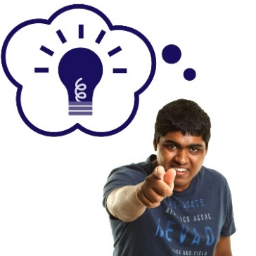 A man pointing at you, and a thought bubble showing a light bulb.