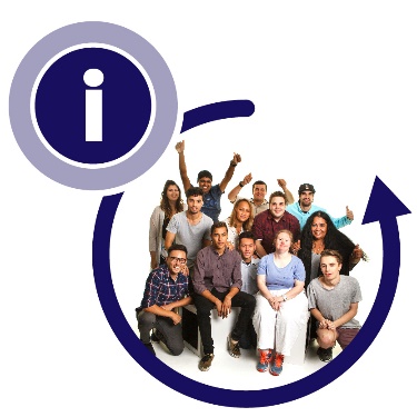 A large group of people with disability inside a curved arrow, and an information icon.