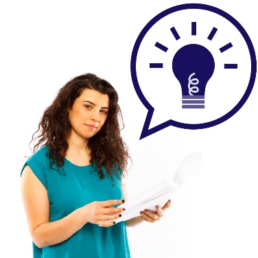 A woman reading a document with a speech bubble showing a light bulb.