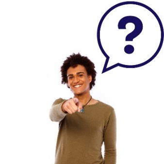 A smiling man pointing at you, and a speech bubble showing a question mark.