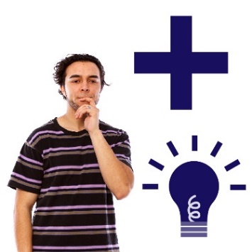 A man thinking, and a plus icon and a light bulb icon.