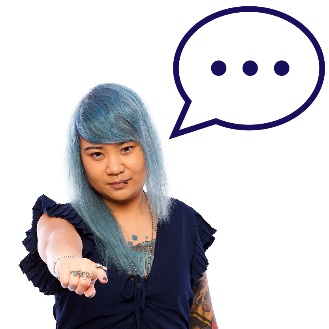 A woman pointing at you, with a speech bubble.