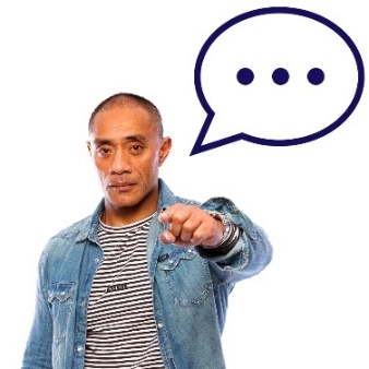 A man pointing at you, and a speech bubble.