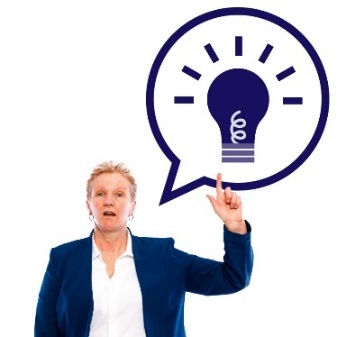A woman with her hand raised, and a speech bubble showing a light bulb. 