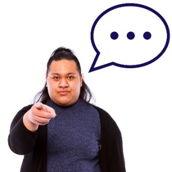 A woman pointing at you, and a speech bubble.