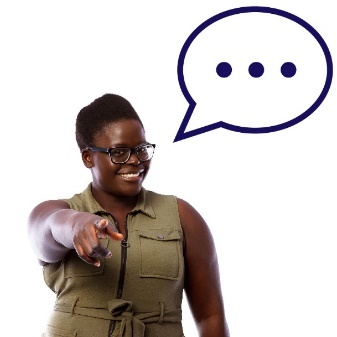 A woman pointing at you, and a speech bubble.