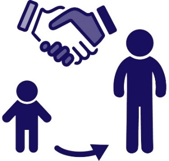 An arrow leading from a child to an adult, and 2 hands shaking.
