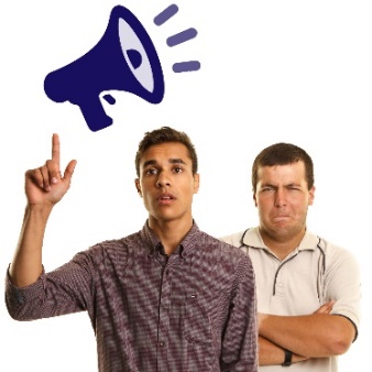 A man with his hand raised with something to say and a megaphone above him, and a man looking sad behind him.