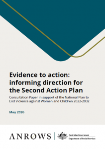 Teal and Sand coloured cover of the consultation paper cobranded ANROWS and Department of Social Services